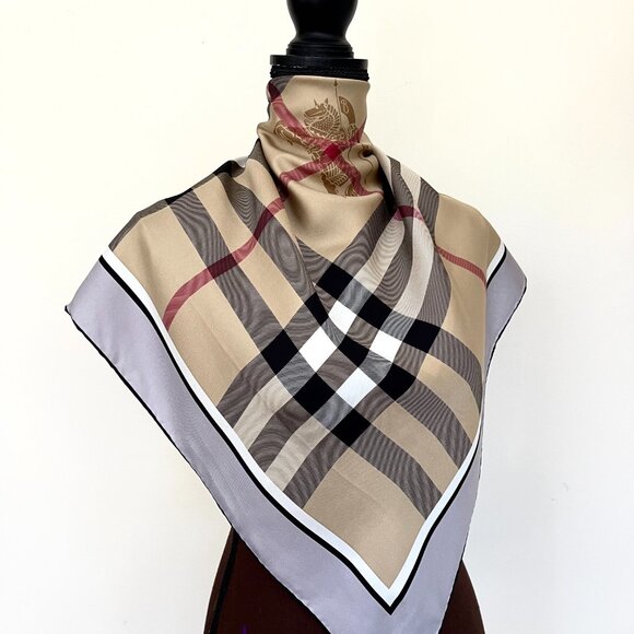 NWT Burberry Scarf Classic Beige Check Pattern Gray Border Silk Wrap - Picture 3 of 15